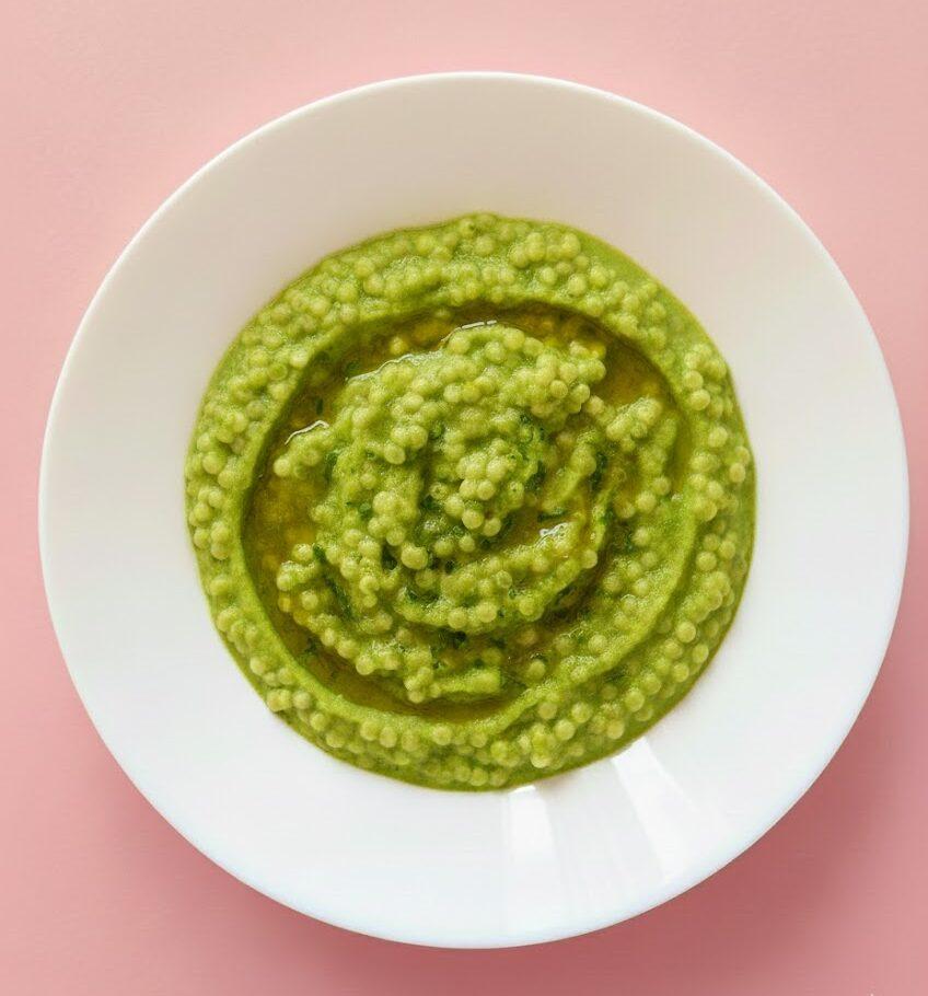 Pâtes perles au velouté de courgettes et fromage frais