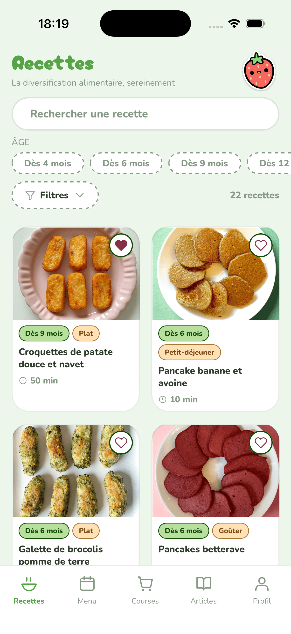 Écran des recettes de l'application Nutrict